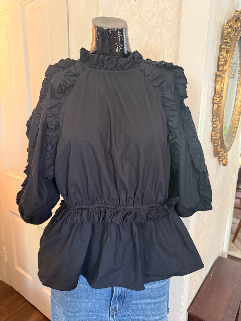 Karen Millen Black Poplin Ruffle Peplum Putt Sleeve Blouse.Medium Victorian